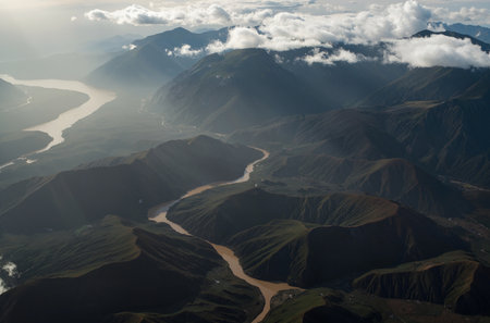 Aerial view of a river in the mountains in Tibet, Chinaの素材