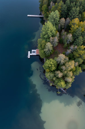 Aerial view of a small wooden house on the shore of a lake.の素材