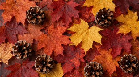 Autumn background with maple leaves and pine cones. Fall concept.の素材