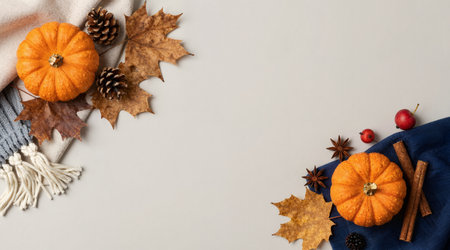 Autumn composition with pumpkins, knitted scarf and autumn leaves on white background. Flat lay, top view, copy spaceの素材