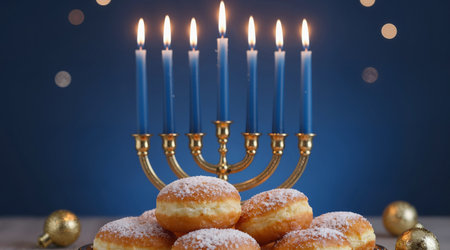 Image of jewish holiday Hanukkah background with menorah (traditional candelabra) and doughnutの素材