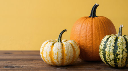 Pumpkins on wooden table with yellow background. Space for textの素材