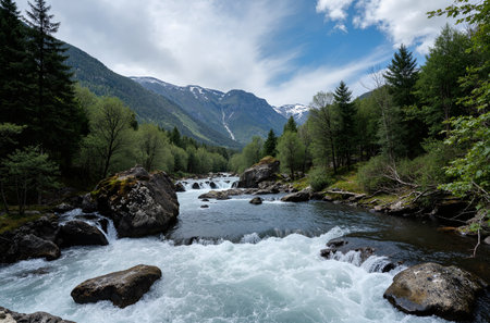Mountain river with rapids in the Caucasus mountains, Russia.の素材