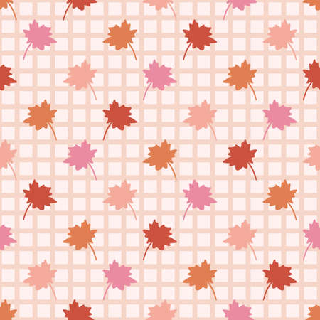 Colorful Autumn Maple Leaves on Gingham Background Seamless Patternのイラスト素材