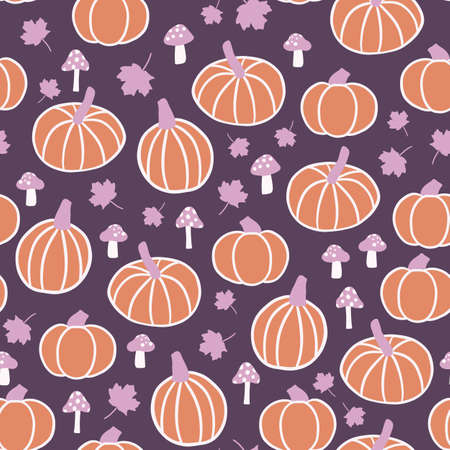 Autumn Pumpkins, Maples Leaves, and Mushrooms Seamless Pattern Backgroundのイラスト素材