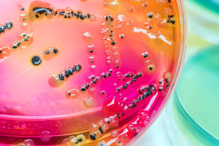 Bacterial colonies culture on  selective agar media(SS agar) contains small light grains. Focus on...