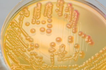 Bacterial colonies culture on MacConkey agar media contains small light grains. Focus on all agar surface. の写真素材