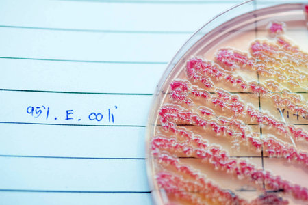 Escherichia coli colonies as test on MacConkey agar plate. Focus on all agar surface in experimental...