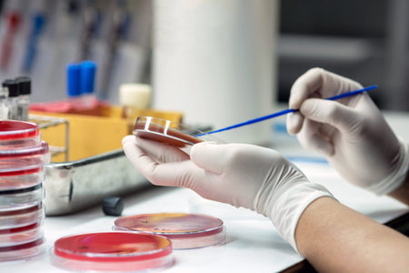 Close up the media plate on hand medical technicians working on bacterial culture and drug...