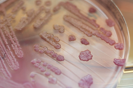 Escherichai coli  colonies as test on MacConkey agar plate. Focus on all agar surface in...
