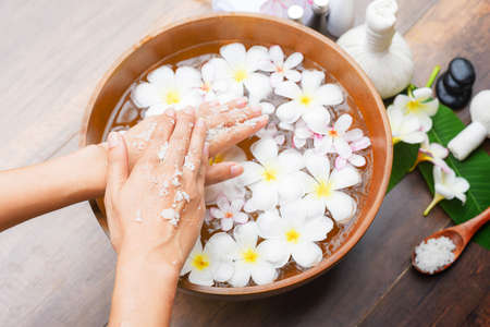 Spa massage compress balls, herbal ball on the wooden with treaments spa , Thailand, soft and select focusの写真素材