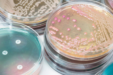 Bacterial culture growth on MacConkey agar (Pseudomonas aeruginosa)contains small light grains....