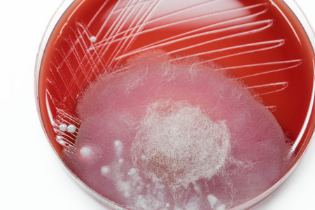 Bacterial culture growth on Blood agar (contaminate pathogen), contains small light grains. Focus on...