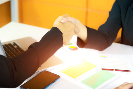 Closeup of handshake the businesswoman and businessman in the work office.