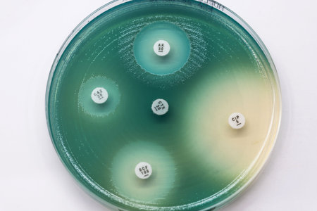 Pseudomonas aeruginosa as subsensitivity test on Muler platecontains small light grains. Focus on...