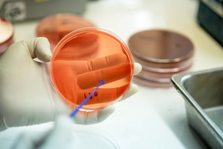 Close up the media plate on hand medical technicians working on bacterial culture and drug...