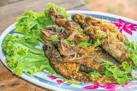 Fired fish with garlic and fresh vegetable on dishの写真素材