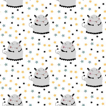 Nursery Seamless pattern with funny cute monster dinosaur alien Martien grey color kids scandinavian styleのイラスト素材