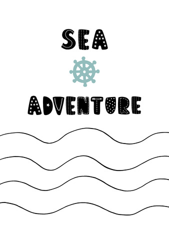 Sea adventure hand drawn creative print with ship's steering wheel. Childish print for nursery, kids apparel,poster, postcard.のイラスト素材