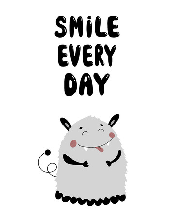 Lovely Lettering Monochrome Scandinavian kids doodles Nursery poster with wild animal hand drawn Happy monster alien in grey color.のイラスト素材