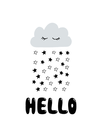 Hello bubble word Cute scandi nursery poster or card with monochrome black and white stars. Modern stylich kids poster in scandinavian style. Good for baby nursery desigsn and print. Hand drawn doodleのイラスト素材