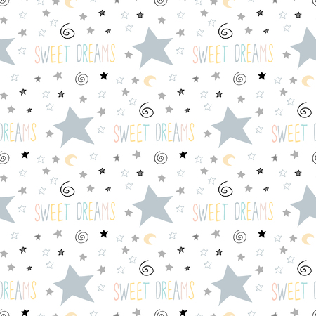 Sweet dreams seamless pattern in gray yellow color. Doodle elements mask, moon, star, lettering word. Scandinavian style for kids.のイラスト素材