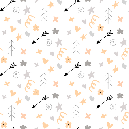 Seamless Pattern with hand drawn doodles elements arrows flowers hearts. In yellow white and black and gray color in Scandinavian style for kids.のイラスト素材