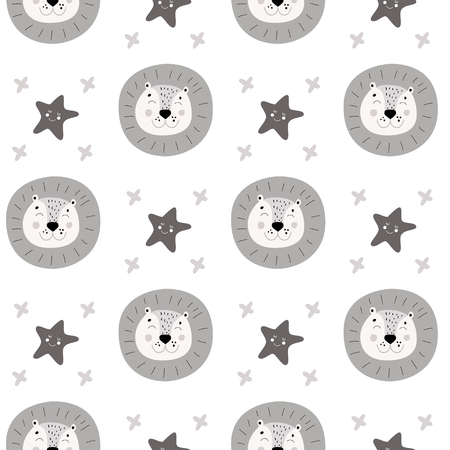 Seamless monochrome Pattern with wild hand drawn doodle animal lion face and star. In grey white colors in Scandinavian style for kids.のイラスト素材