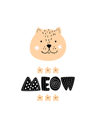 Cute hand doodle hand drawn nursery poster in scandinavian style, yellow black colors art. Meow slogan graphic for kids design with cat kitty faceのイラスト素材