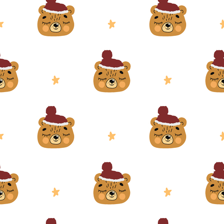 Christmas background with handdrawn wild animal character color brown red bear with yellow star. Cute doodle seamless pattern for New Year invitation, Christmas greeting card. Vector pattern.のイラスト素材