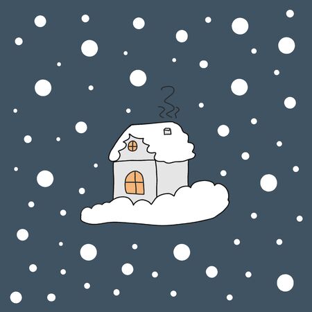 Merry christmas poster hand drawn house with light in window and with snowfall. Cartoon house with snow on navy background. New year and christmas card.のイラスト素材