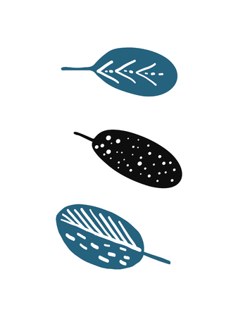 Nursery poster in cartoon scandinavian kids style. In black blue colors, monochrome minimalistic. Three leaf. Ideal for cards, room interior. Wall art. Vector illustration.のイラスト素材