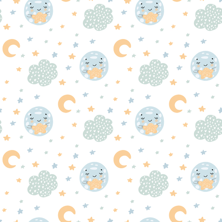 Cute hand drawn nursery seamless pattern in scandinavian style with hand drawn characters moon and stars. Colored yellow and blue. Vector illustration.のイラスト素材