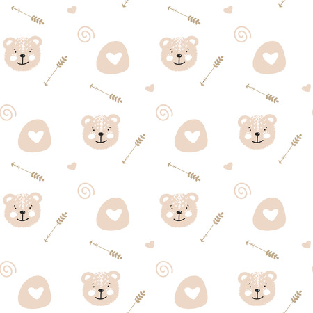 Cartoon cute doodle seamless pattern illustration with cute fluffy bear. Endless texture with graphic background. Scandinavian illustration for nursery decor, wallpaper, wrap, fabric, postcard.のイラスト素材