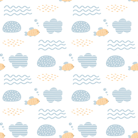 Vector seamless pattern with jellyfish, shells and fish. Baby print. Scandinavian motivesのイラスト素材