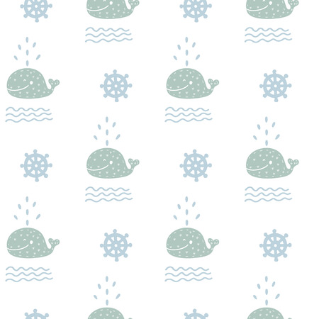 Seamless Scandinavian ocean sea nursery hand drawn blue pattern with waves and animal wale sea. childish texture for fabric. Wild animal for kids.のイラスト素材