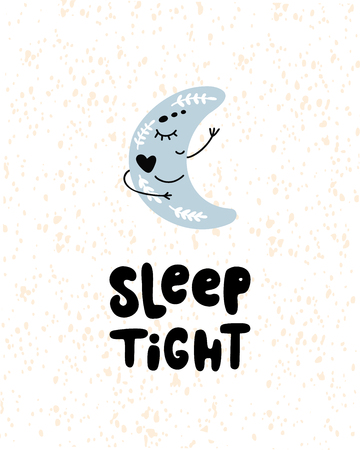 Cute blue moon, kids illustration with text Sleep tight and free on hand drawn shapes background. Vector cartoon illustration for card, poster, nursery, fabric. Scandinavian style.のイラスト素材