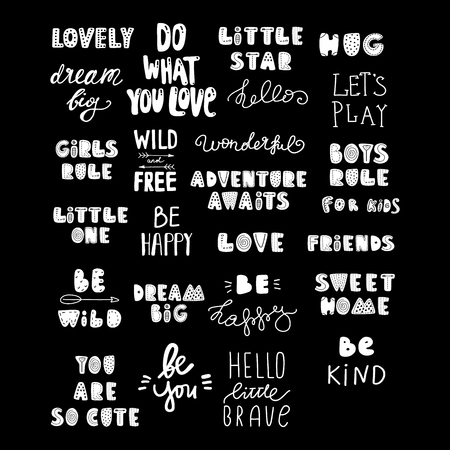 Cute kids phrases, for baby room, greeting card, print on the wall, pillow, decoration kids interior, baby wear and t-shirts. Motivation quotes. Hand drawn. White letters on black background.のイラスト素材