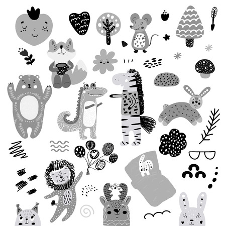 Scandinavian kids doodles elements pattern set of cute monochrome wild animal and characters: zebra, bear, deer, squirrel, cat, rabbit, hare, crocodile, mouse, tree, lion hand drawn.のイラスト素材