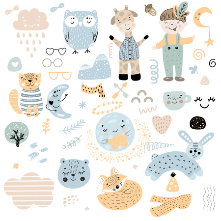 Scandinavian kids doodles elements pattern set color wild animal hand drawn boy; cloud; caharcters; moon; fox; cat; owl; giraffe, glasses, rabbit; bear; cup; yellow white black blue pink brownのイラスト素材
