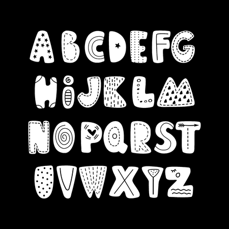 ABC - Latin alphabet. Unique hand drawn nursery poster with handdrawn letters in scandinavian style. Vector illustration. White letters on black background.のイラスト素材