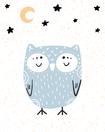 Cute hand drawn nursery poster with cartoon character animal sleeping owl and stars with moon in scandinavian style. Color blue yellow vector illustration.のイラスト素材
