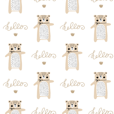 Cartoon cute doodle seamless pattern illustration with cute fluffy bear lettering hello. Scandinavian illustration for nursery decor, wallpaper, wrap, fabric, postcard. Wild animal for kids.のイラスト素材