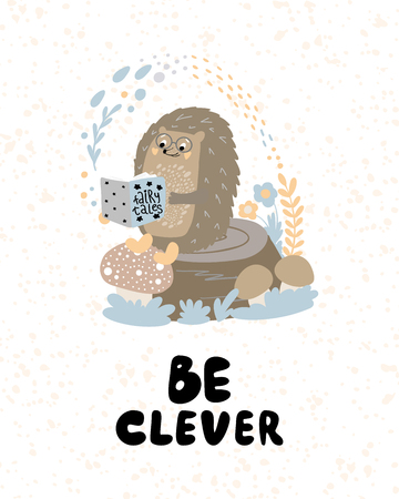 Be clever - Cute hand drawn nursery poster with cartoon character animal Hedgehog and lettering in scandinavian style. Color vector illustration.のイラスト素材