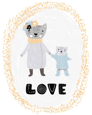 Love - Cute hand drawn nursery poster with cartoon characters animals mother Cat and little son kitten and lettering in scandinavian style. Color vector illustration. For kids.のイラスト素材