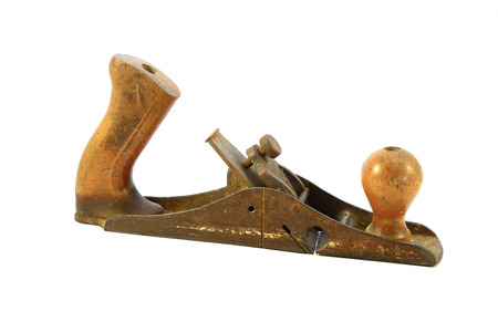 old  wooden plane isolated on white backgroundの写真素材