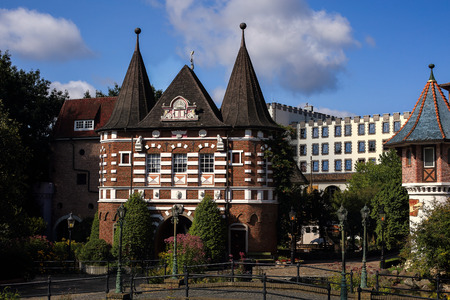 very beautiful facade of the gate with towers along with other buildings in the Park attractionsのeditorial素材