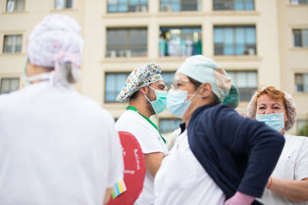 Malaga, Spain. 16th Apr 2020. Covid-19 Tribute applause to health personnel of the Hospital Carlos Haya of Málaga from local Police and Firemen.のeditorial素材