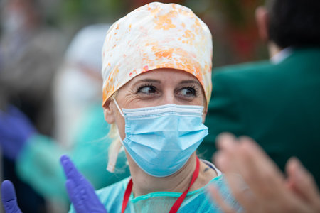 Malaga, Spain. 16th Apr 2020. Covid-19 Tribute applause to health personnel of the Hospital Carlos...