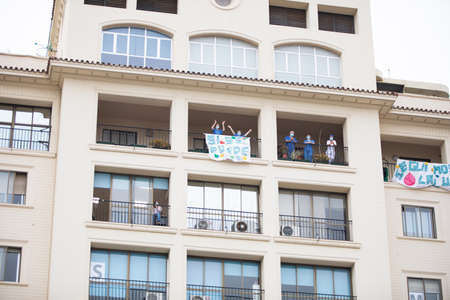 Malaga, Spain. 16th Apr 2020. Covid-19 Tribute applause to health personnel of the Hospital Carlos Haya of Málaga from local Police and Firemen.のeditorial素材